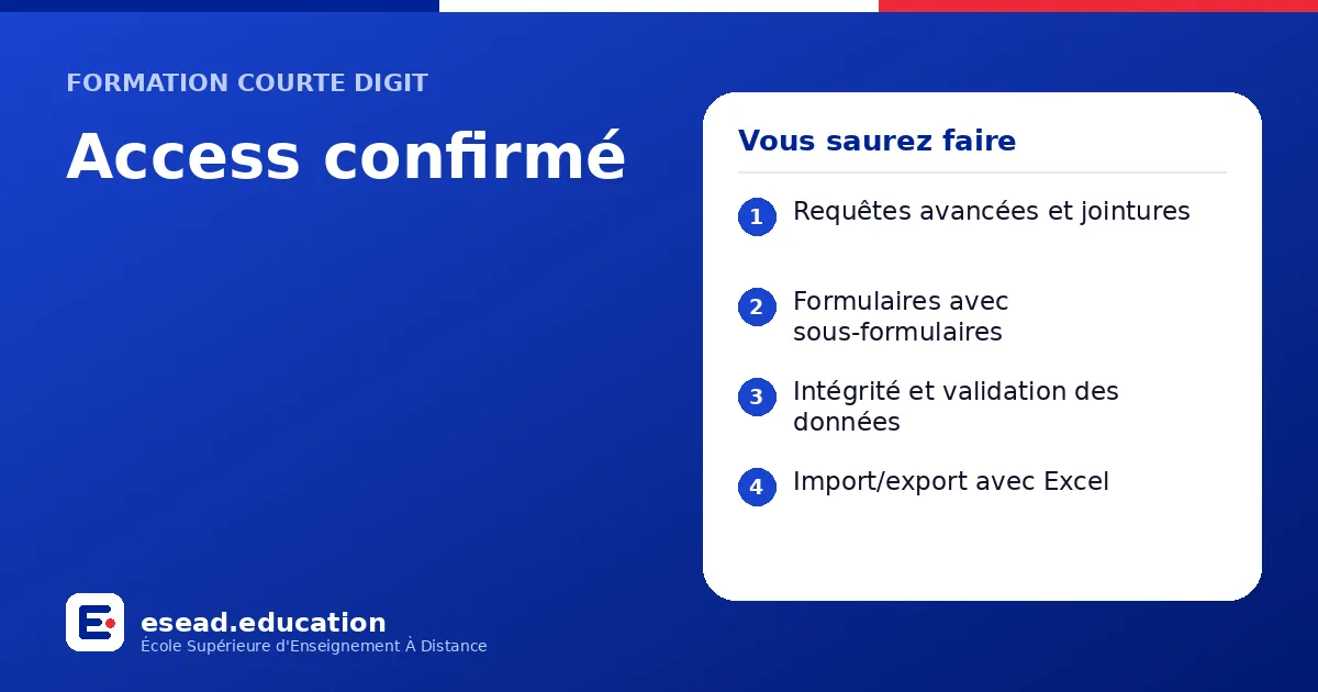 Infographie : Access confirmé — 1. Requêtes avancées et jointures ; 2. Formulaires avec sous-formulaires ; 3. Intégrité et validation des données ; 4. Import/export avec Excel