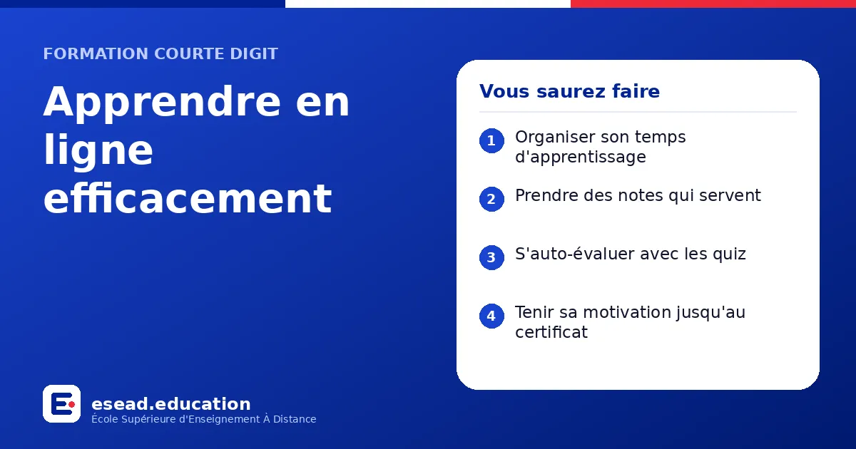 Infographie : Apprendre en ligne efficacement — 1. Organiser son temps d'apprentissage ; 2. Prendre des notes qui servent ; 3. S'auto-évaluer avec les quiz ; 4. Tenir sa motivation jusqu'au certificat