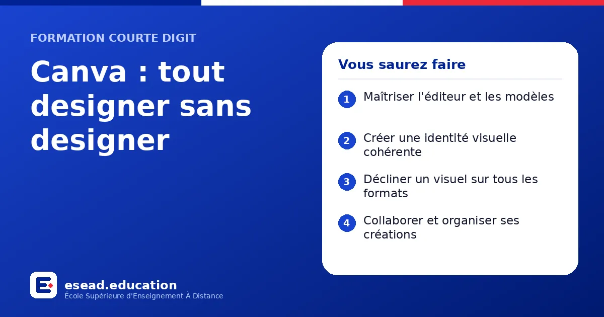 Infographie : Canva : tout designer sans designer — 1. Maîtriser l'éditeur et les modèles ; 2. Créer une identité visuelle cohérente ; 3. Décliner un visuel sur tous les formats ; 4. Collaborer et organiser ses créations