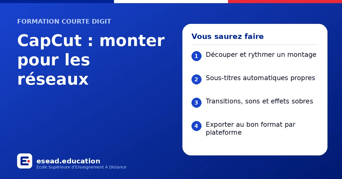 Infographie : CapCut : monter pour les réseaux — 1. Découper et rythmer un montage ; 2. Sous-titres automatiques propres ; 3. Transitions, sons et effets sobres ; 4. Exporter au bon format par plateforme