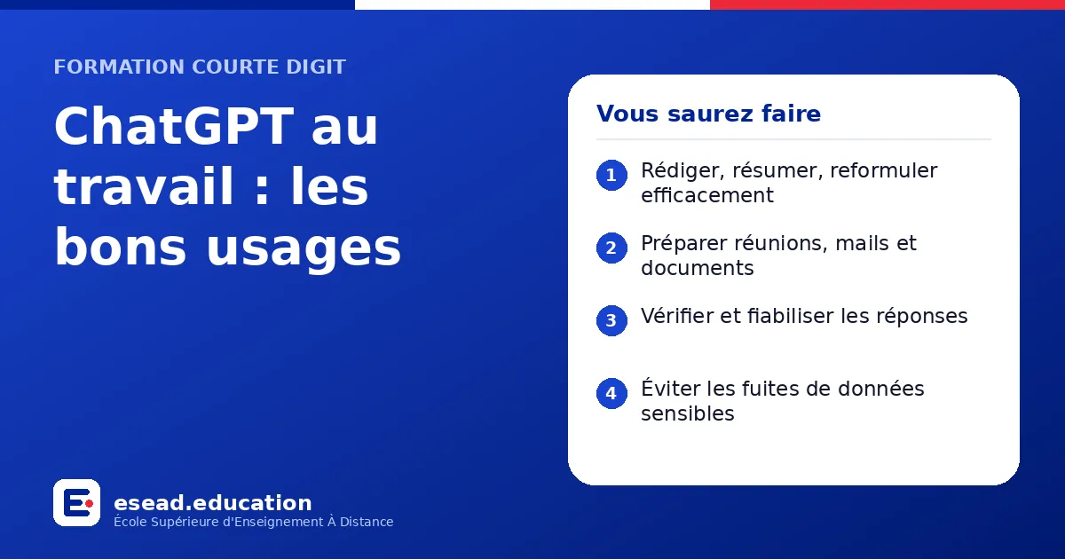 Infographie : ChatGPT au travail : les bons usages — 1. Rédiger, résumer, reformuler efficacement ; 2. Préparer réunions, mails et documents ; 3. Vérifier et fiabiliser les réponses ; 4. Éviter les fuites de données sensibles