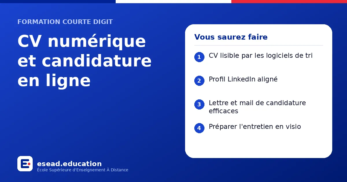Infographie : CV numérique et candidature en ligne — 1. CV lisible par les logiciels de tri ; 2. Profil LinkedIn aligné ; 3. Lettre et mail de candidature efficaces ; 4. Préparer l'entretien en visio