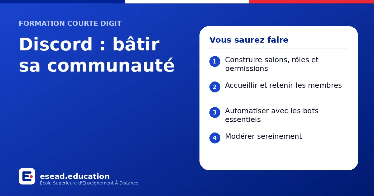 Infographie : Discord : bâtir sa communauté — 1. Construire salons, rôles et permissions ; 2. Accueillir et retenir les membres ; 3. Automatiser avec les bots essentiels ; 4. Modérer sereinement
