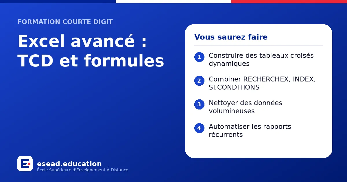 Infographie : Excel avancé : TCD et formules — 1. Construire des tableaux croisés dynamiques ; 2. Combiner RECHERCHEX, INDEX, SI.CONDITIONS ; 3. Nettoyer des données volumineuses ; 4. Automatiser les rapports récurrents
