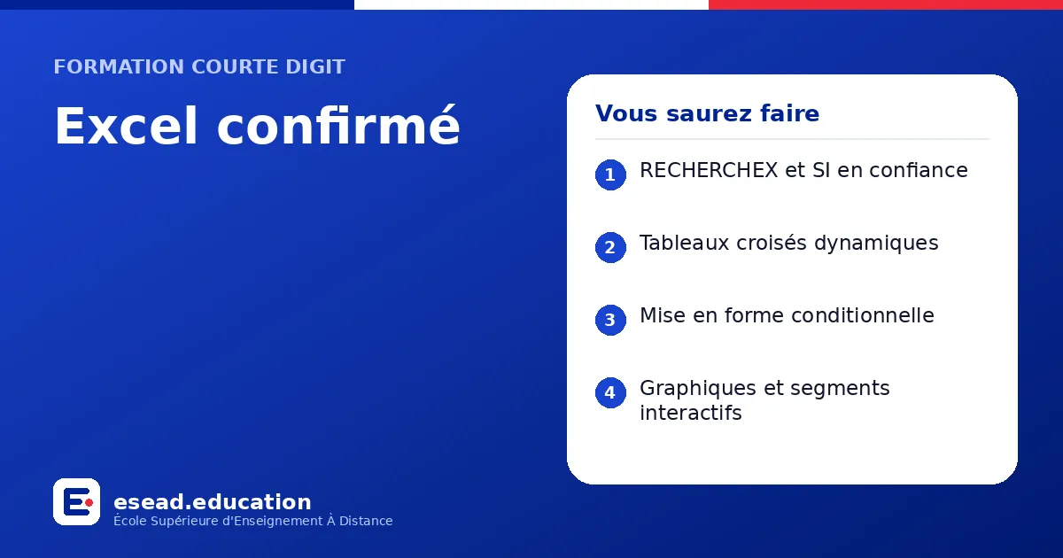 Infographie : Excel confirmé — 1. RECHERCHEX et SI en confiance ; 2. Tableaux croisés dynamiques ; 3. Mise en forme conditionnelle ; 4. Graphiques et segments interactifs
