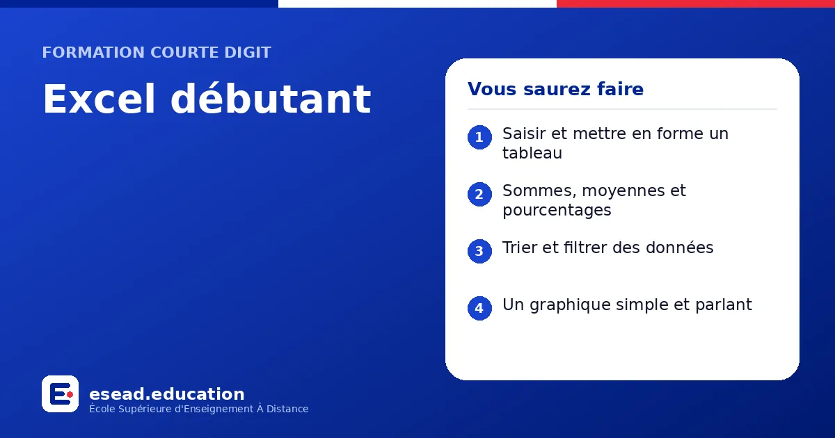 Infographie : Excel débutant — 1. Saisir et mettre en forme un tableau ; 2. Sommes, moyennes et pourcentages ; 3. Trier et filtrer des données ; 4. Un graphique simple et parlant