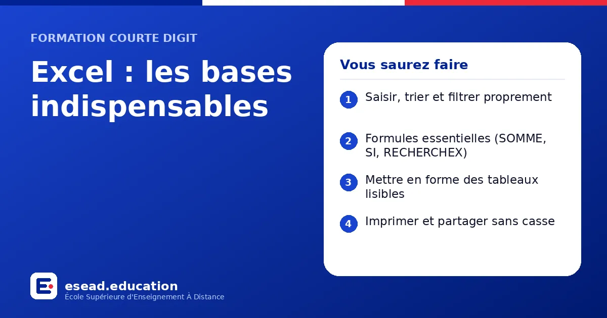 Infographie : Excel : les bases indispensables — 1. Saisir, trier et filtrer proprement ; 2. Formules essentielles (SOMME, SI, RECHERCHEX) ; 3. Mettre en forme des tableaux lisibles ; 4. Imprimer et partager sans casse