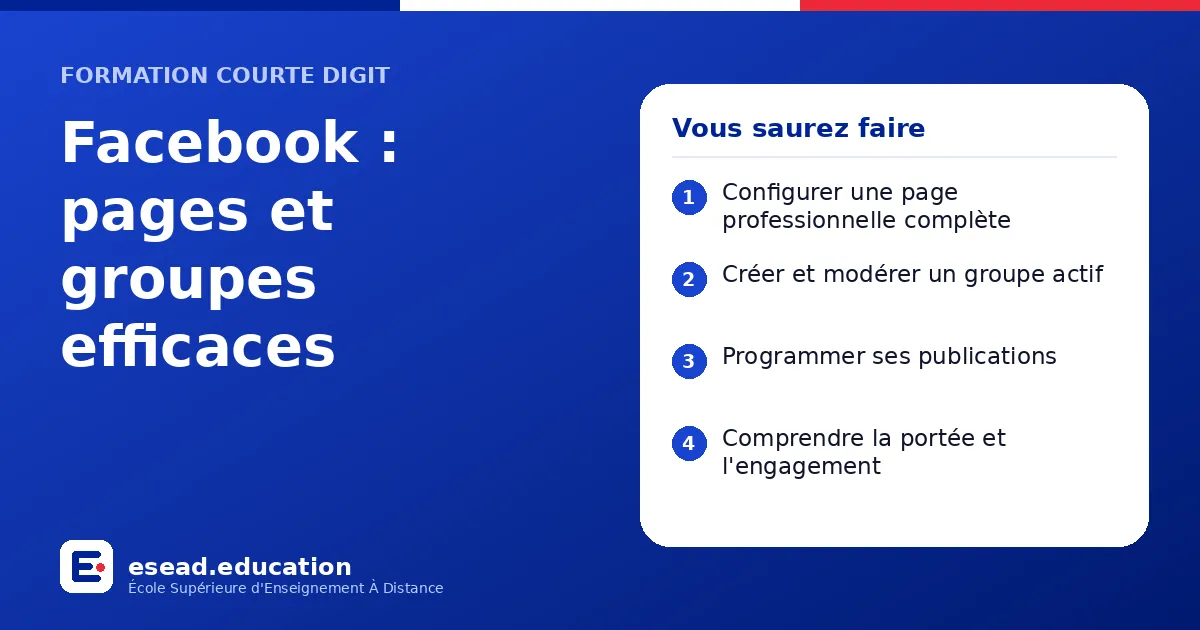 Infographie : Facebook : pages et groupes efficaces — 1. Configurer une page professionnelle complète ; 2. Créer et modérer un groupe actif ; 3. Programmer ses publications ; 4. Comprendre la portée et l'engagement