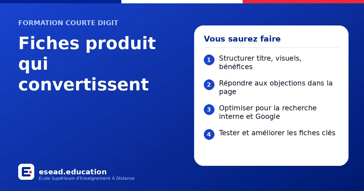 Infographie : Fiches produit qui convertissent — 1. Structurer titre, visuels, bénéfices ; 2. Répondre aux objections dans la page ; 3. Optimiser pour la recherche interne et Google ; 4. Tester et améliorer les fiches clés