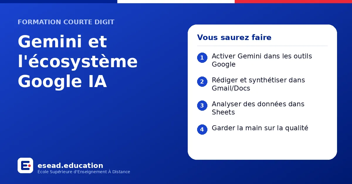 Infographie : Gemini et l'écosystème Google IA — 1. Activer Gemini dans les outils Google ; 2. Rédiger et synthétiser dans Gmail/Docs ; 3. Analyser des données dans Sheets ; 4. Garder la main sur la qualité