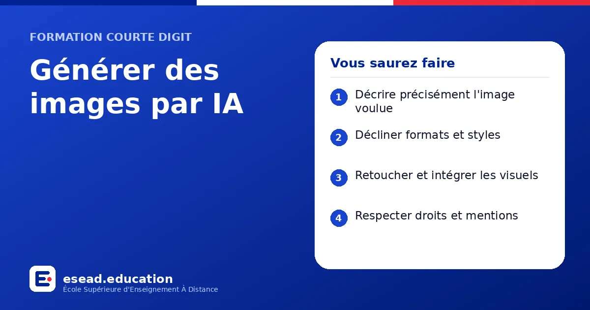 Infographie : Générer des images par IA — 1. Décrire précisément l'image voulue ; 2. Décliner formats et styles ; 3. Retoucher et intégrer les visuels ; 4. Respecter droits et mentions