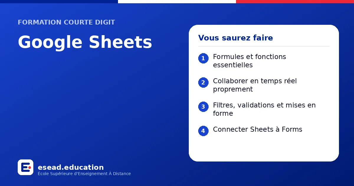 Infographie : Google Sheets — 1. Formules et fonctions essentielles ; 2. Collaborer en temps réel proprement ; 3. Filtres, validations et mises en forme ; 4. Connecter Sheets à Forms