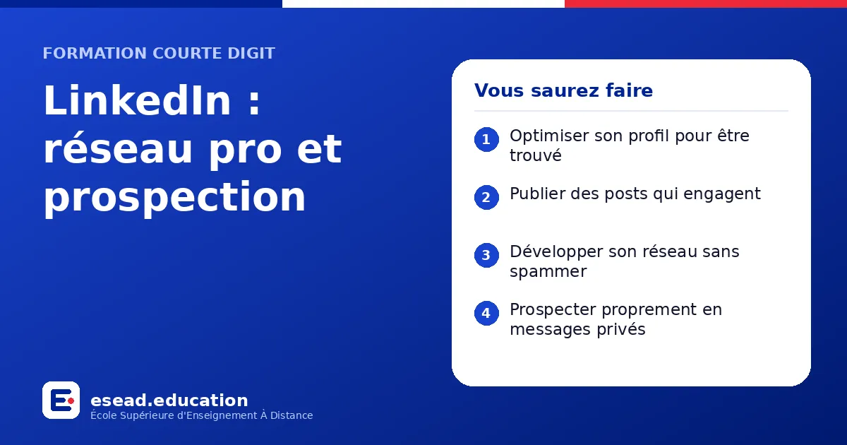 Infographie : LinkedIn : réseau pro et prospection — 1. Optimiser son profil pour être trouvé ; 2. Publier des posts qui engagent ; 3. Développer son réseau sans spammer ; 4. Prospecter proprement en messages privés
