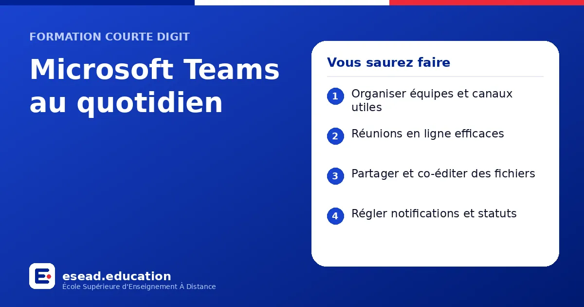 Infographie : Microsoft Teams au quotidien — 1. Organiser équipes et canaux utiles ; 2. Réunions en ligne efficaces ; 3. Partager et co-éditer des fichiers ; 4. Régler notifications et statuts