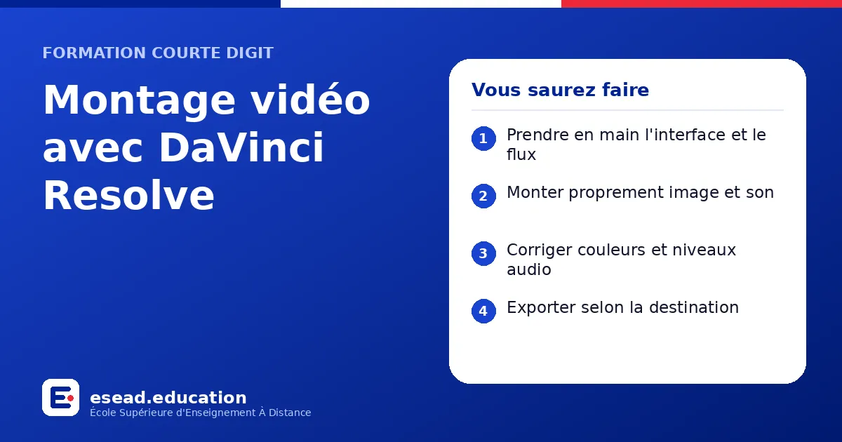 Infographie : Montage vidéo avec DaVinci Resolve — 1. Prendre en main l'interface et le flux ; 2. Monter proprement image et son ; 3. Corriger couleurs et niveaux audio ; 4. Exporter selon la destination