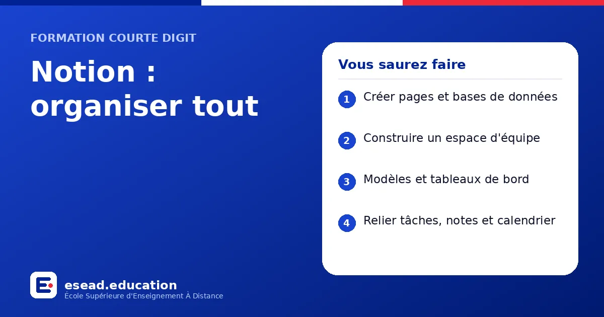 Infographie : Notion : organiser tout — 1. Créer pages et bases de données ; 2. Construire un espace d'équipe ; 3. Modèles et tableaux de bord ; 4. Relier tâches, notes et calendrier