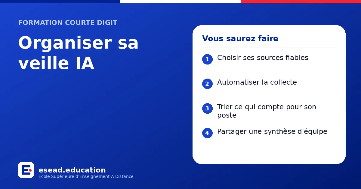 Infographie : Organiser sa veille IA — 1. Choisir ses sources fiables ; 2. Automatiser la collecte ; 3. Trier ce qui compte pour son poste ; 4. Partager une synthèse d'équipe
