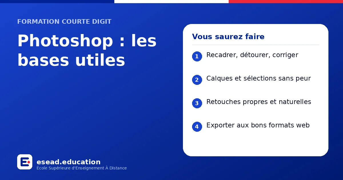 Infographie : Photoshop : les bases utiles — 1. Recadrer, détourer, corriger ; 2. Calques et sélections sans peur ; 3. Retouches propres et naturelles ; 4. Exporter aux bons formats web