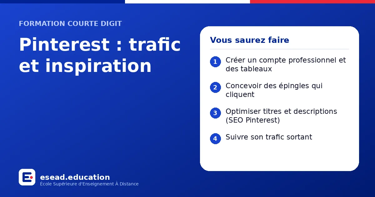 Infographie : Pinterest : trafic et inspiration — 1. Créer un compte professionnel et des tableaux ; 2. Concevoir des épingles qui cliquent ; 3. Optimiser titres et descriptions (SEO Pinterest) ; 4. Suivre son trafic sortant