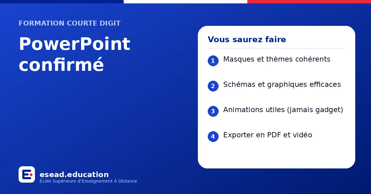 Infographie : PowerPoint confirmé — 1. Masques et thèmes cohérents ; 2. Schémas et graphiques efficaces ; 3. Animations utiles (jamais gadget) ; 4. Exporter en PDF et vidéo