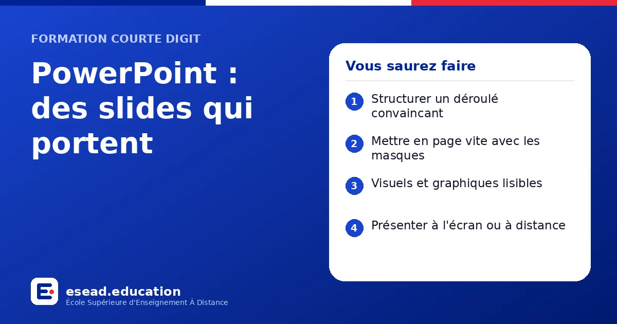 Infographie : PowerPoint : des slides qui portent — 1. Structurer un déroulé convaincant ; 2. Mettre en page vite avec les masques ; 3. Visuels et graphiques lisibles ; 4. Présenter à l'écran ou à distance