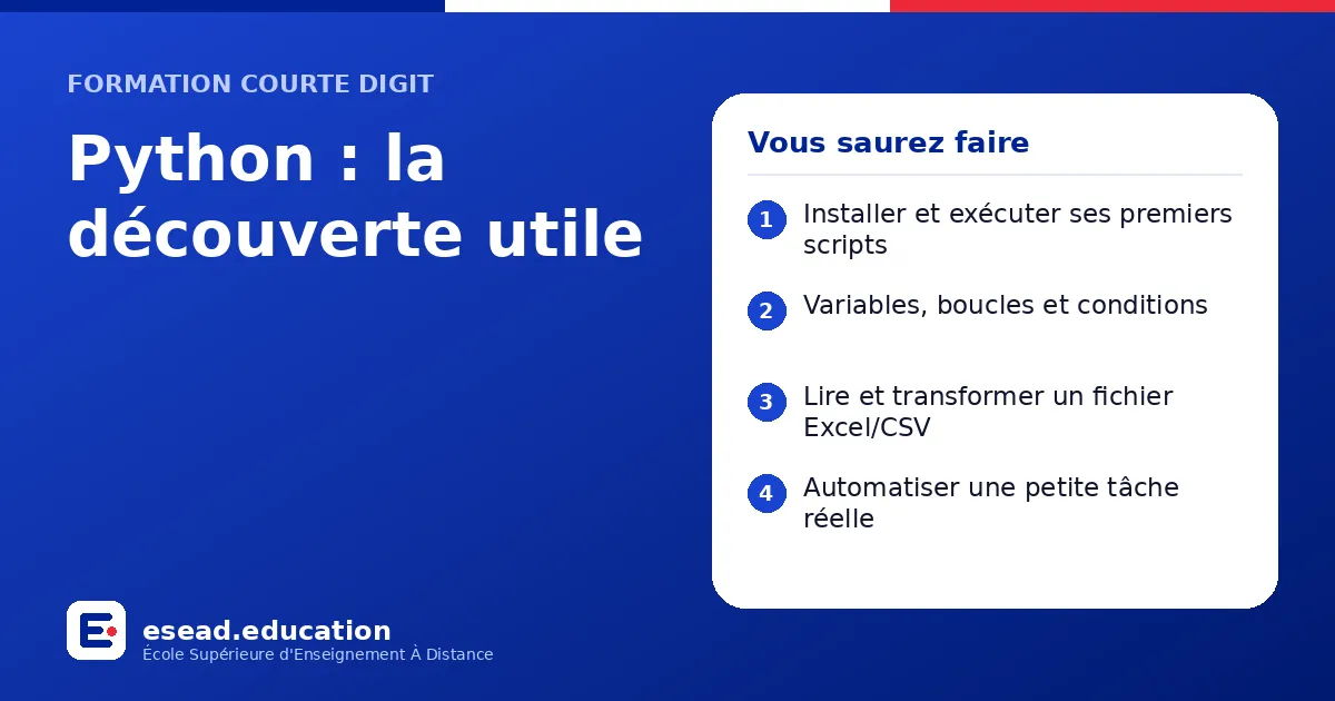 Infographie : Python : la découverte utile — 1. Installer et exécuter ses premiers scripts ; 2. Variables, boucles et conditions ; 3. Lire et transformer un fichier Excel/CSV ; 4. Automatiser une petite tâche réelle