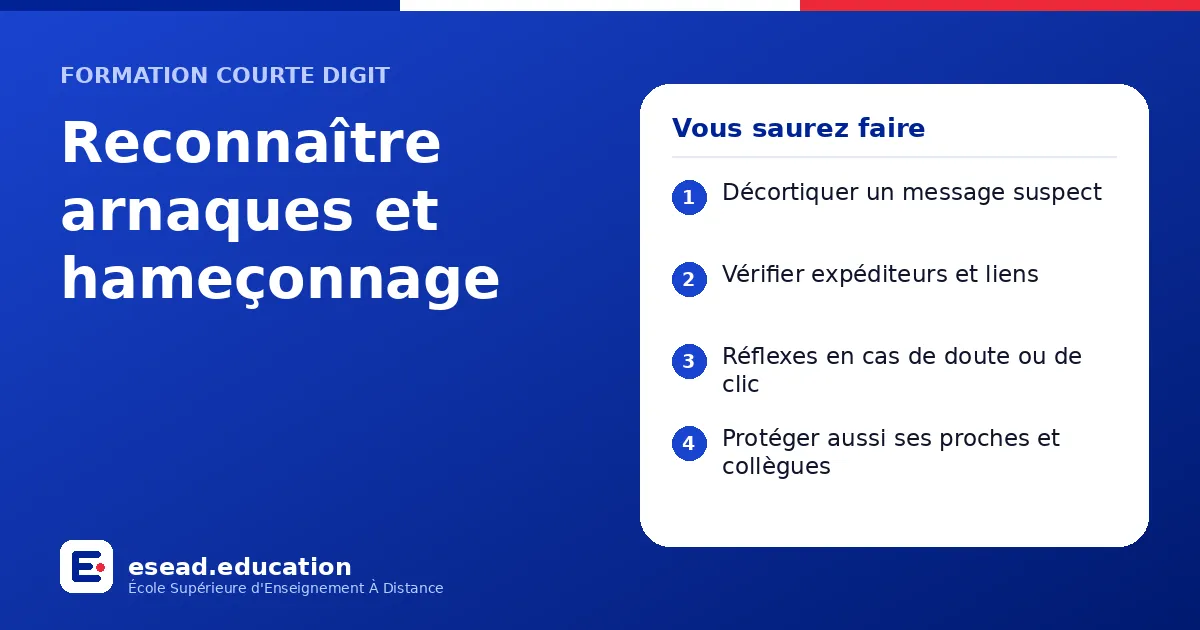 Infographie : Reconnaître arnaques et hameçonnage — 1. Décortiquer un message suspect ; 2. Vérifier expéditeurs et liens ; 3. Réflexes en cas de doute ou de clic ; 4. Protéger aussi ses proches et collègues