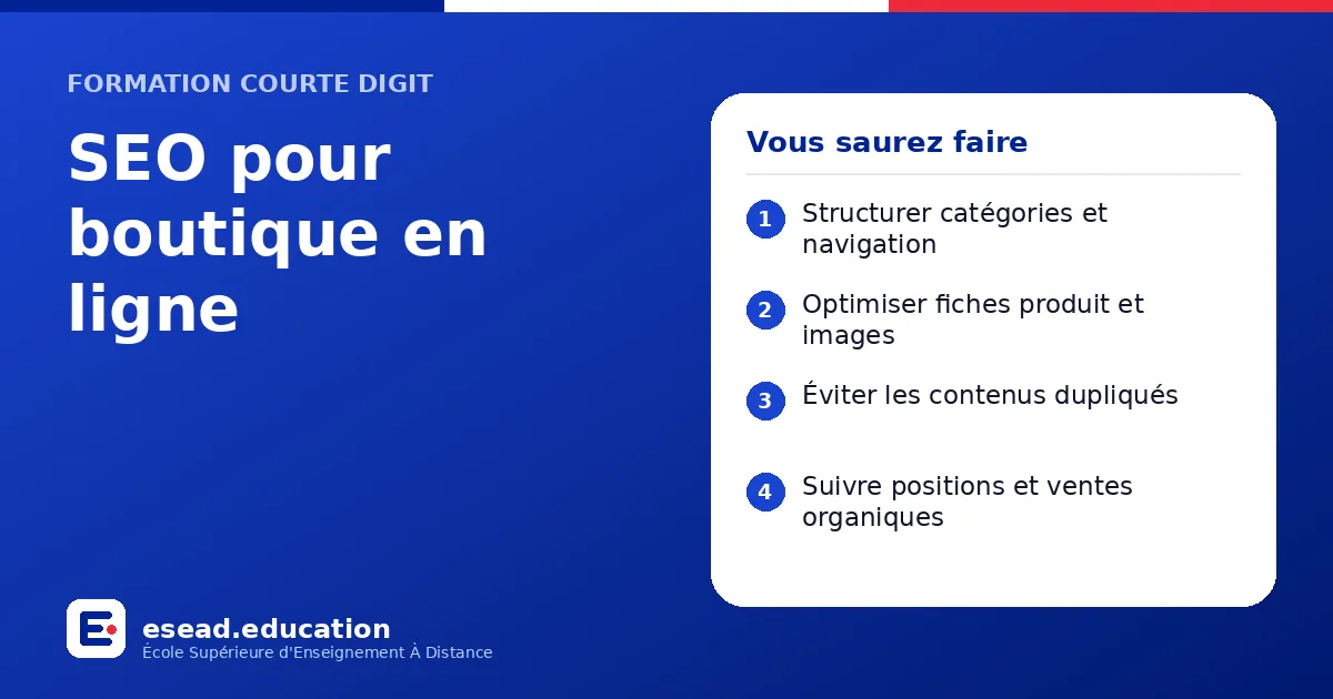 Infographie : SEO pour boutique en ligne — 1. Structurer catégories et navigation ; 2. Optimiser fiches produit et images ; 3. Éviter les contenus dupliqués ; 4. Suivre positions et ventes organiques