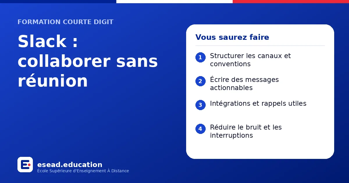 Infographie : Slack : collaborer sans réunion — 1. Structurer les canaux et conventions ; 2. Écrire des messages actionnables ; 3. Intégrations et rappels utiles ; 4. Réduire le bruit et les interruptions