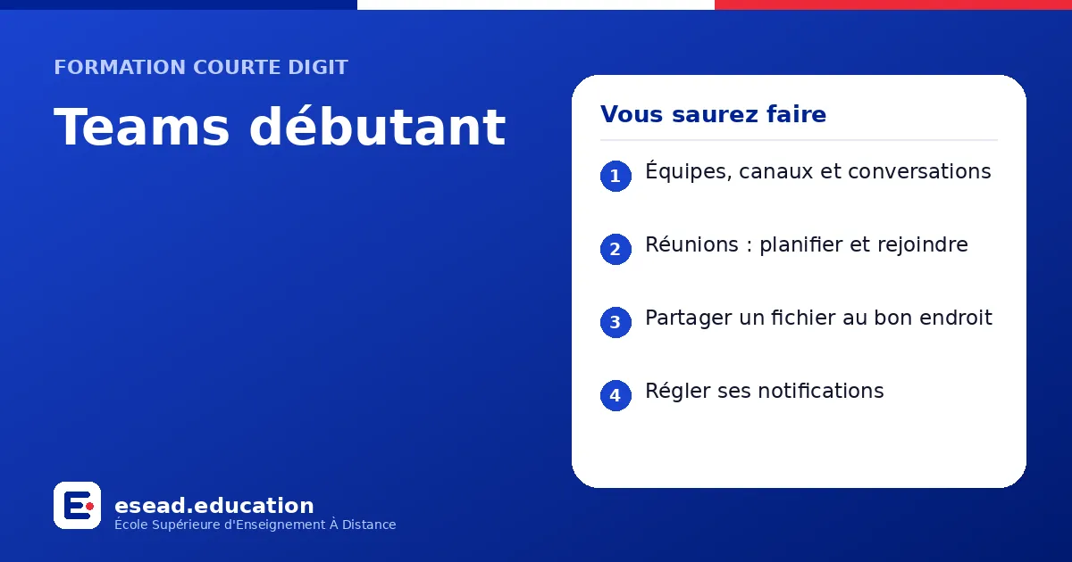Infographie : Teams débutant — 1. Équipes, canaux et conversations ; 2. Réunions : planifier et rejoindre ; 3. Partager un fichier au bon endroit ; 4. Régler ses notifications