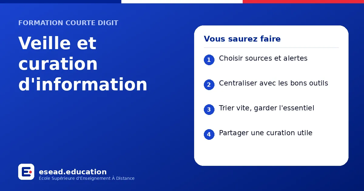 Infographie : Veille et curation d'information — 1. Choisir sources et alertes ; 2. Centraliser avec les bons outils ; 3. Trier vite, garder l'essentiel ; 4. Partager une curation utile