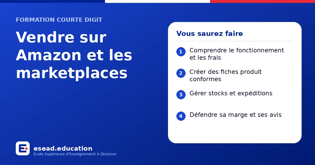 Infographie : Vendre sur Amazon et les marketplaces — 1. Comprendre le fonctionnement et les frais ; 2. Créer des fiches produit conformes ; 3. Gérer stocks et expéditions ; 4. Défendre sa marge et ses avis