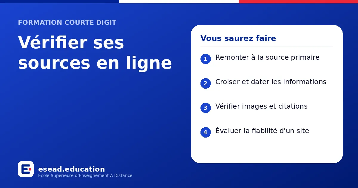 Infographie : Vérifier ses sources en ligne — 1. Remonter à la source primaire ; 2. Croiser et dater les informations ; 3. Vérifier images et citations ; 4. Évaluer la fiabilité d'un site