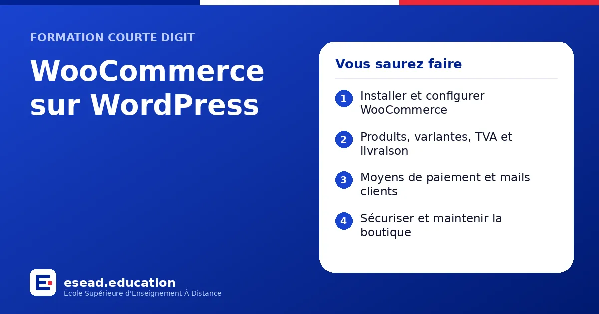 Infographie : WooCommerce sur WordPress — 1. Installer et configurer WooCommerce ; 2. Produits, variantes, TVA et livraison ; 3. Moyens de paiement et mails clients ; 4. Sécuriser et maintenir la boutique