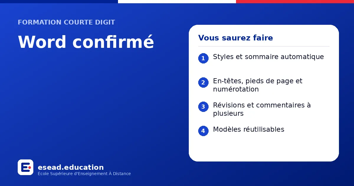 Infographie : Word confirmé — 1. Styles et sommaire automatique ; 2. En-têtes, pieds de page et numérotation ; 3. Révisions et commentaires à plusieurs ; 4. Modèles réutilisables