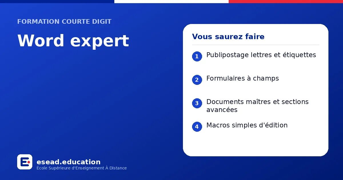 Infographie : Word expert — 1. Publipostage lettres et étiquettes ; 2. Formulaires à champs ; 3. Documents maîtres et sections avancées ; 4. Macros simples d'édition