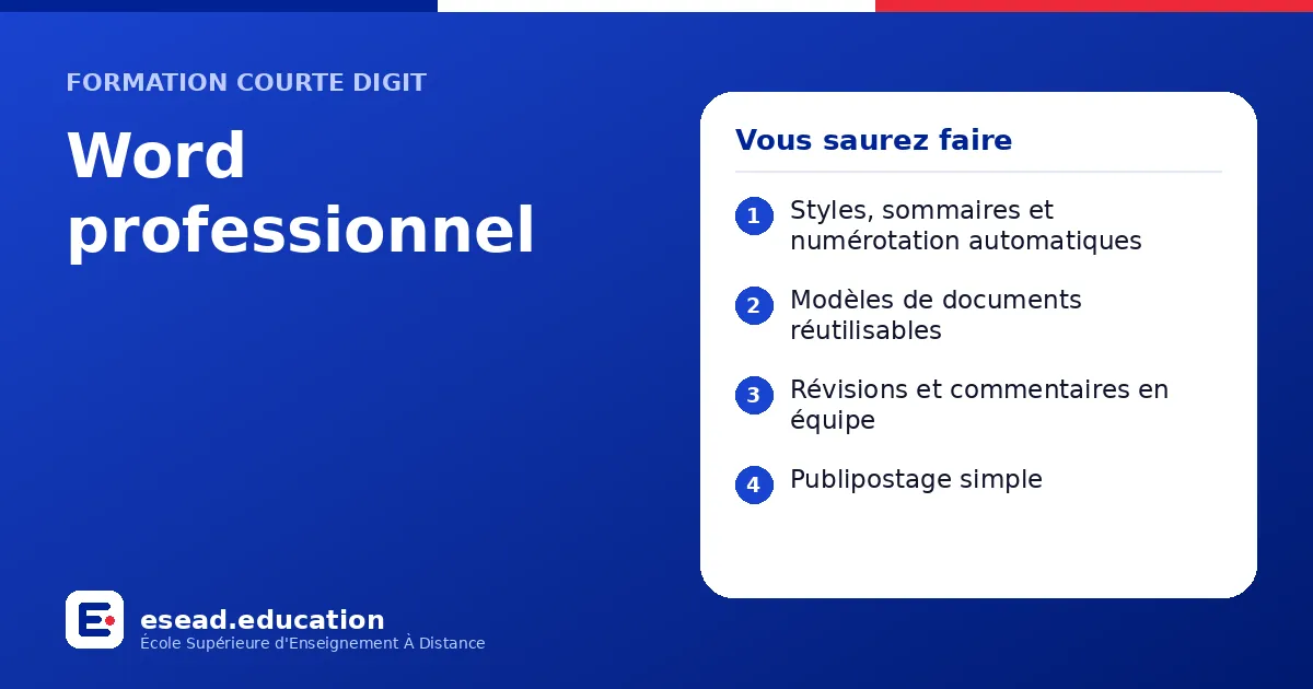 Infographie : Word professionnel — 1. Styles, sommaires et numérotation automatiques ; 2. Modèles de documents réutilisables ; 3. Révisions et commentaires en équipe ; 4. Publipostage simple
