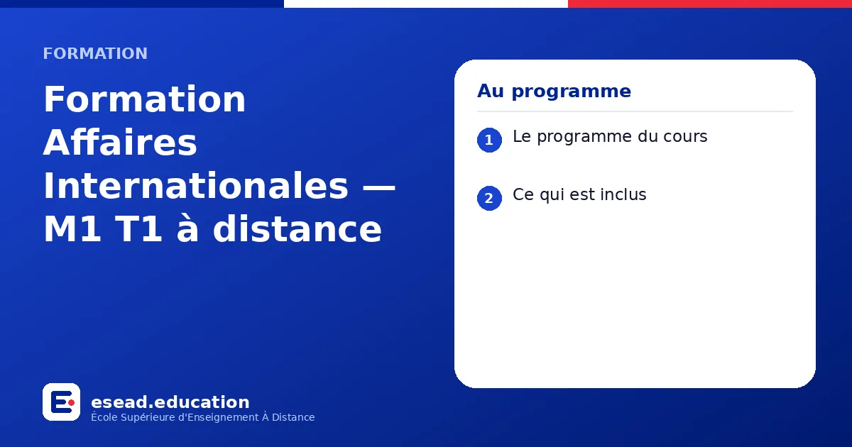 Infographie : Formation Affaires Internationales — M1 T1 à distance — 1. Le programme du cours ; 2. Ce qui est inclus
