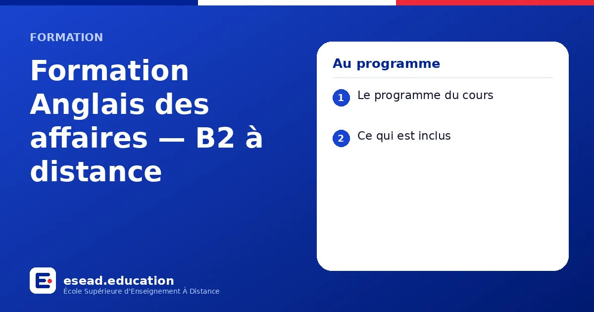 Infographie : Formation Anglais des affaires — B2 à distance — 1. Le programme du cours ; 2. Ce qui est inclus