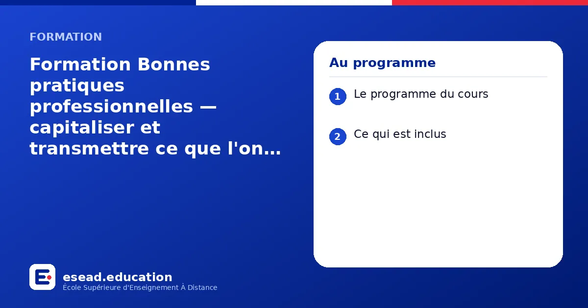 Infographie : Formation Bonnes pratiques professionnelles — capitaliser et transmettre ce que l'on sait faire à distance — 1. Le programme du cours ; 2. Ce qui est inclus