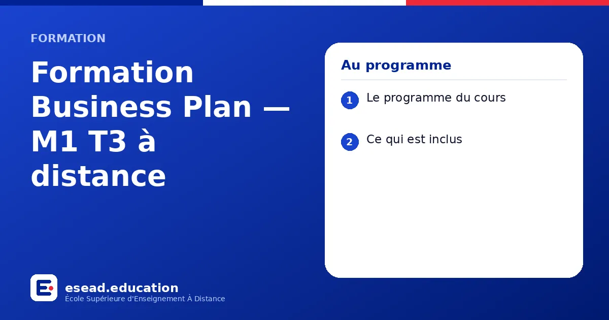 Infographie : Formation Business Plan — M1 T3 à distance — 1. Le programme du cours ; 2. Ce qui est inclus