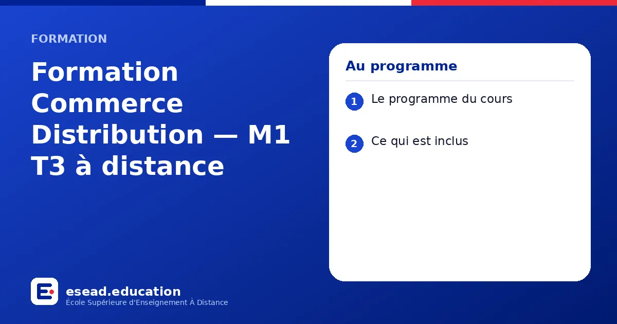 Infographie : Formation Commerce Distribution — M1 T3 à distance — 1. Le programme du cours ; 2. Ce qui est inclus