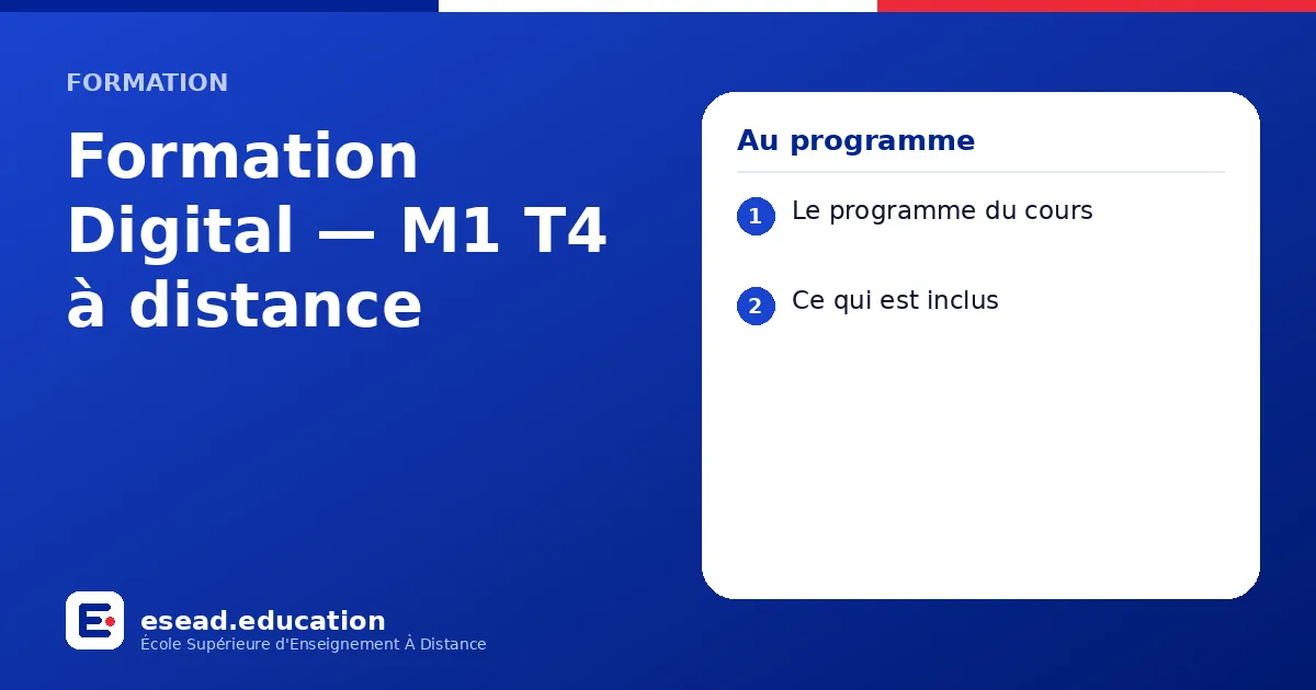 Infographie : Formation Digital — M1 T4 à distance — 1. Le programme du cours ; 2. Ce qui est inclus