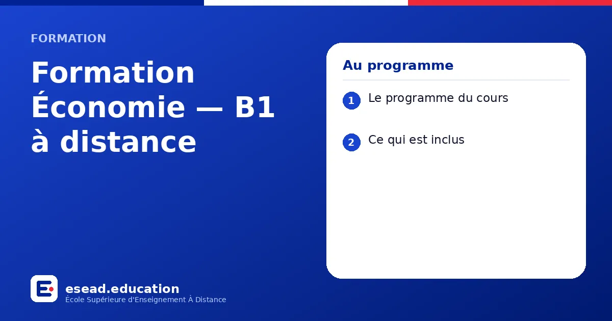 Infographie : Formation Économie — B1 à distance — 1. Le programme du cours ; 2. Ce qui est inclus