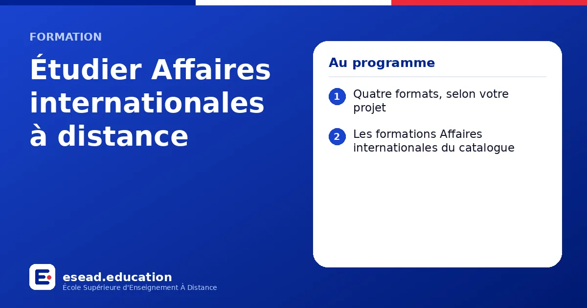 Infographie : Étudier Affaires internationales à distance — 1. Quatre formats, selon votre projet ; 2. Les formations Affaires internationales du catalogue