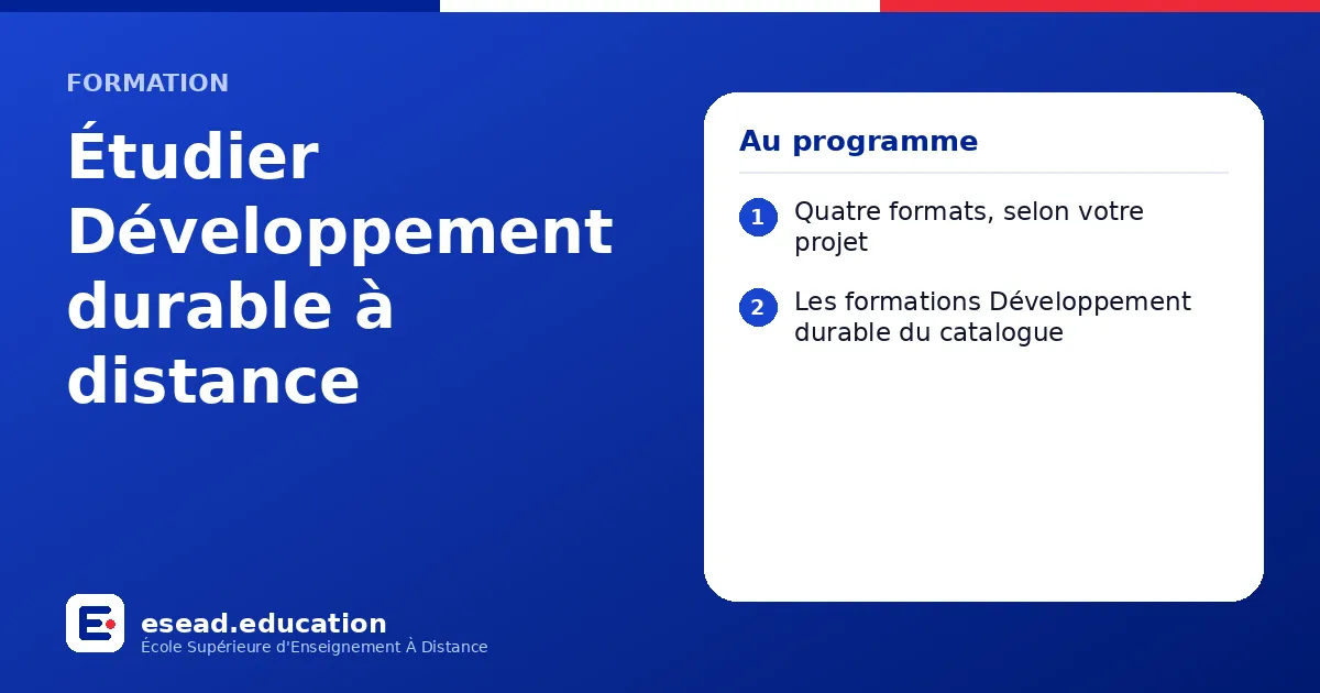 Infographie : Étudier Développement durable à distance — 1. Quatre formats, selon votre projet ; 2. Les formations Développement durable du catalogue