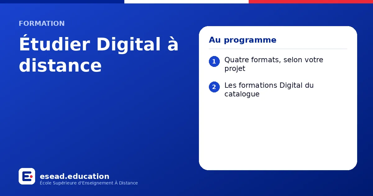 Infographie : Étudier Digital à distance — 1. Quatre formats, selon votre projet ; 2. Les formations Digital du catalogue