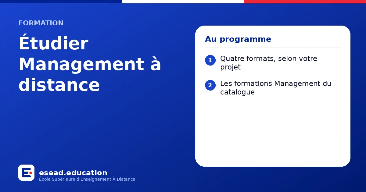 Infographie : Étudier Management à distance — 1. Quatre formats, selon votre projet ; 2. Les formations Management du catalogue