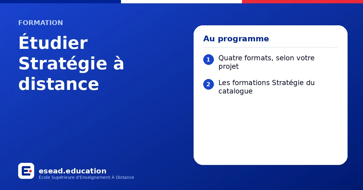 Infographie : Étudier Stratégie à distance — 1. Quatre formats, selon votre projet ; 2. Les formations Stratégie du catalogue