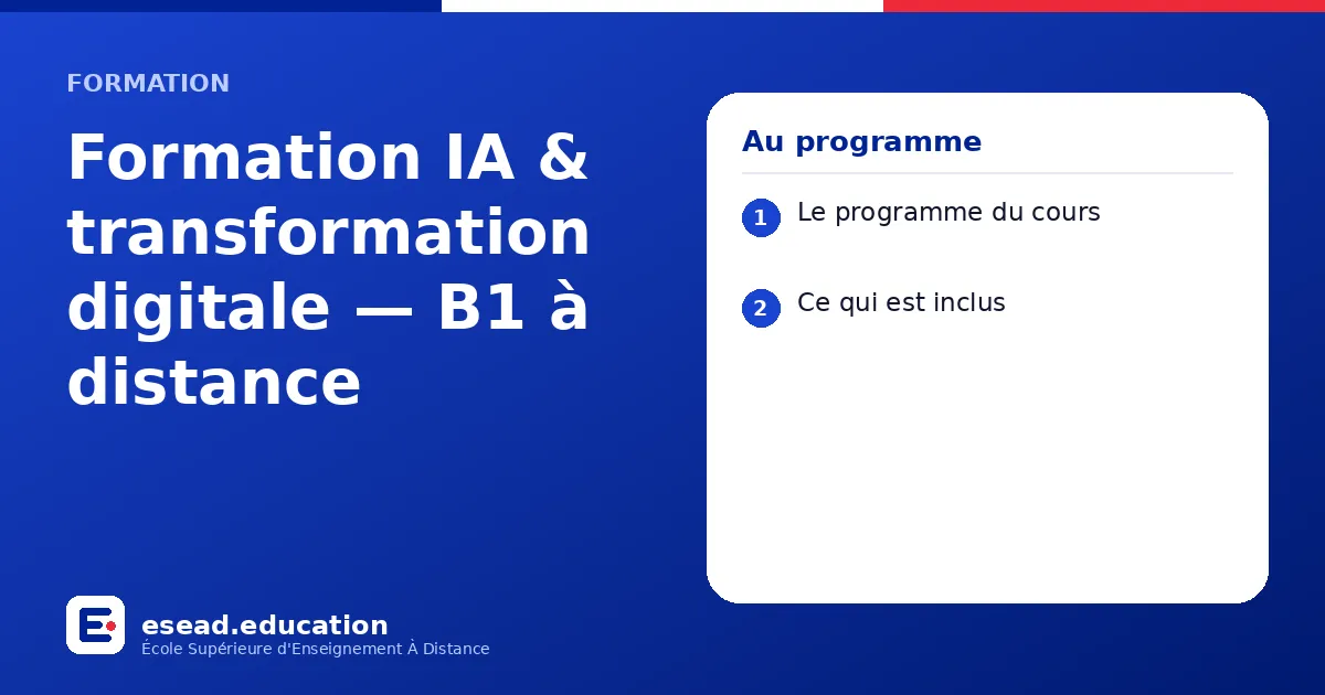 Infographie : Formation IA & transformation digitale — B1 à distance — 1. Le programme du cours ; 2. Ce qui est inclus
